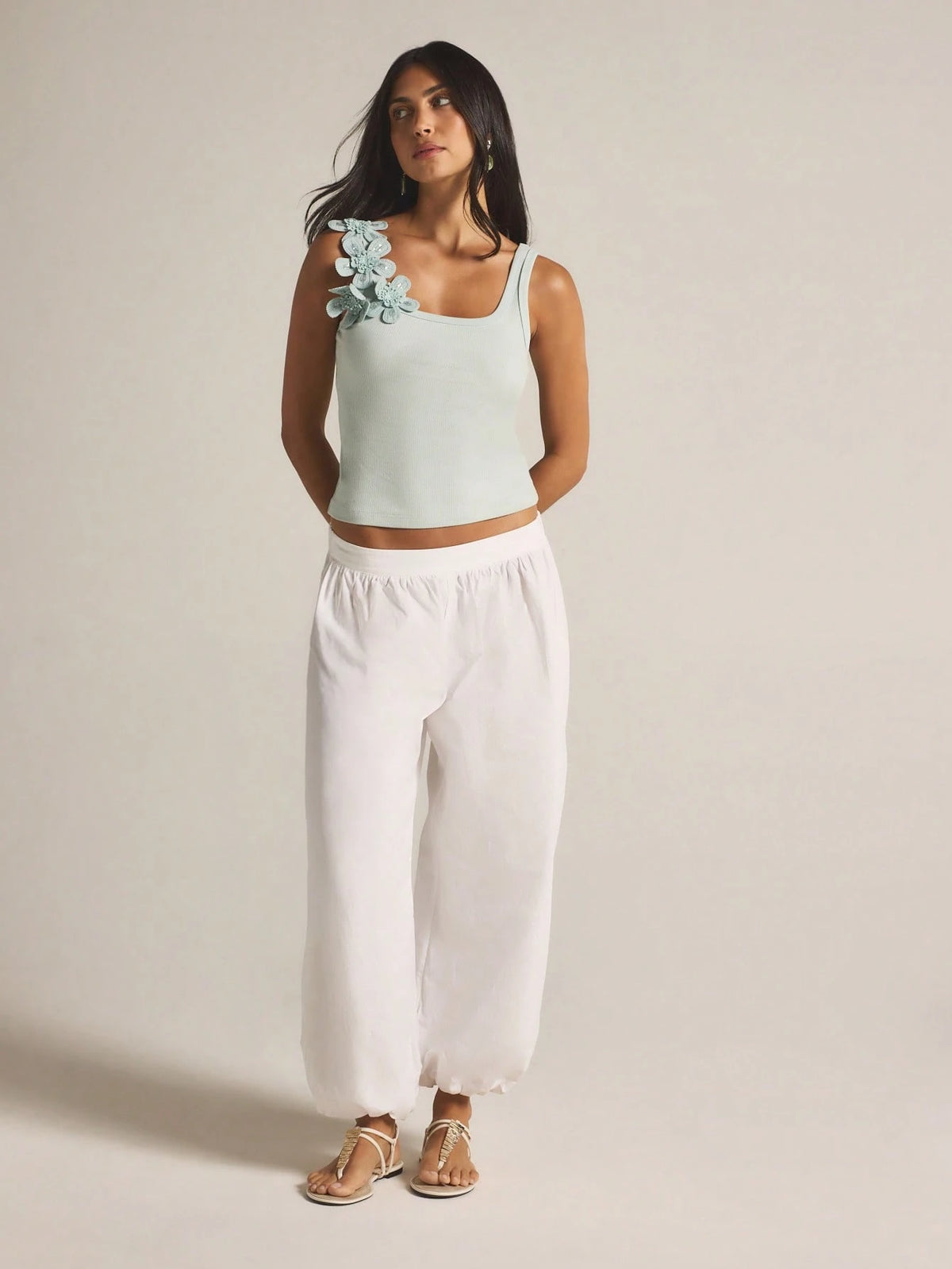 KSTM Sage Green Knit Tank Top With Delicate Floral Applique Detail Square Neckline Sleeveless Summer Fashion