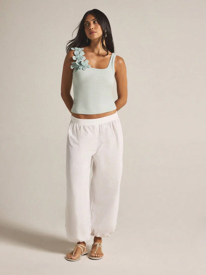 KSTM Sage Green Knit Tank Top With Delicate Floral Applique Detail Square Neckline Sleeveless Summer Fashion