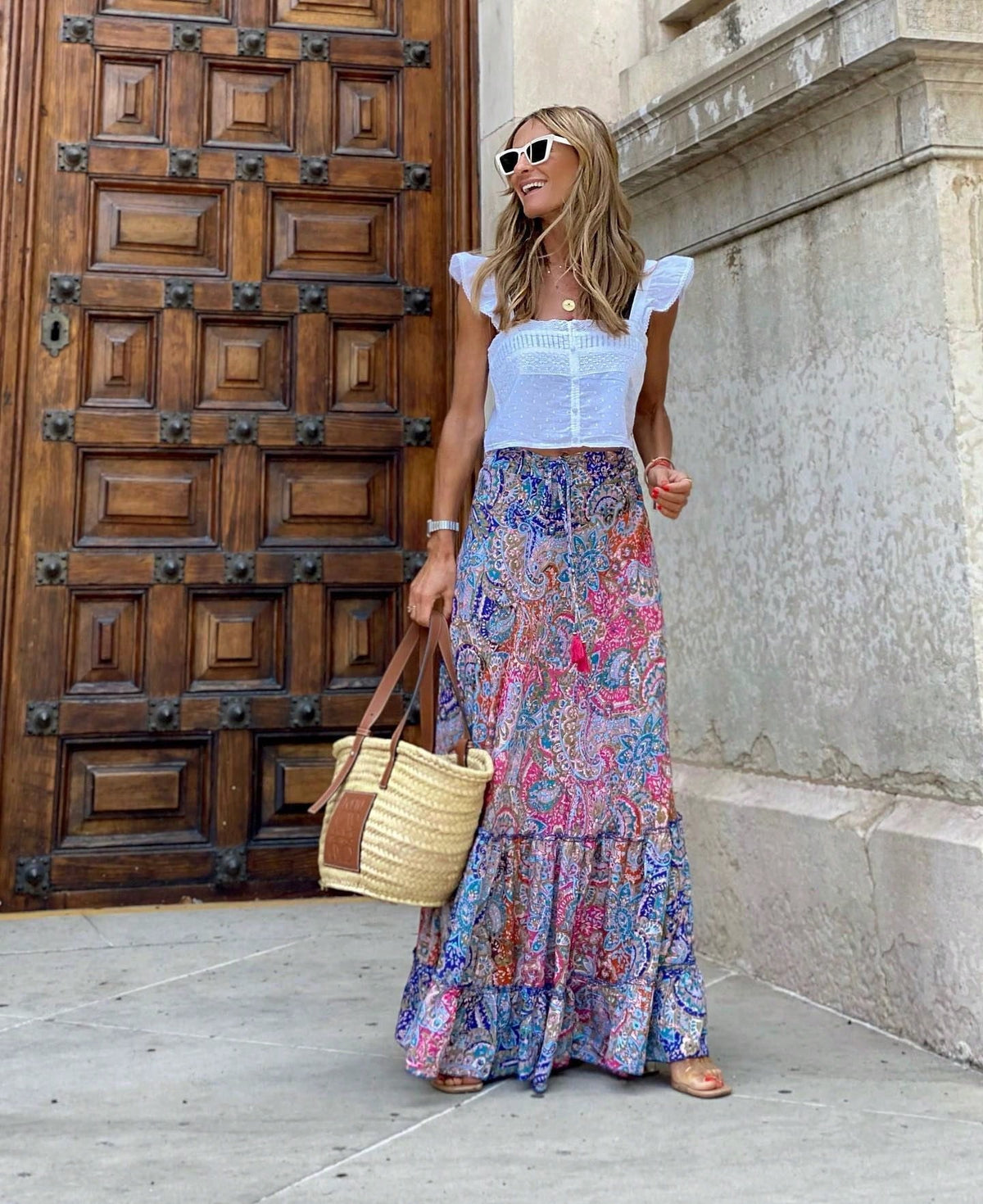 KZKZWK Bohemian Floral Print Tiered Maxi Skirt, Elastic Waist Ruffle Hem, Casual Vacation Skirt