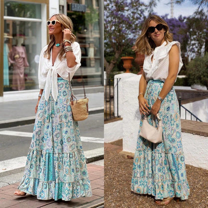 KZKZWK Bohemian Floral Print Tiered Maxi Skirt, Elastic Waist Ruffle Hem, Casual Vacation Skirt