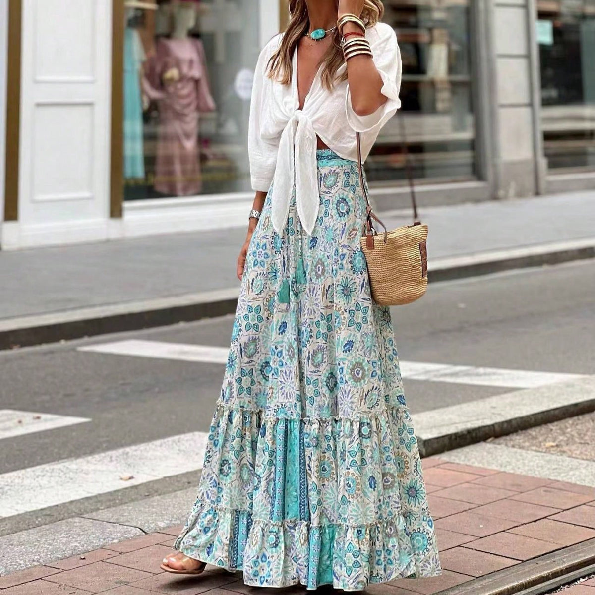 KZKZWK Bohemian Floral Print Tiered Maxi Skirt, Elastic Waist Ruffle Hem, Casual Vacation Skirt