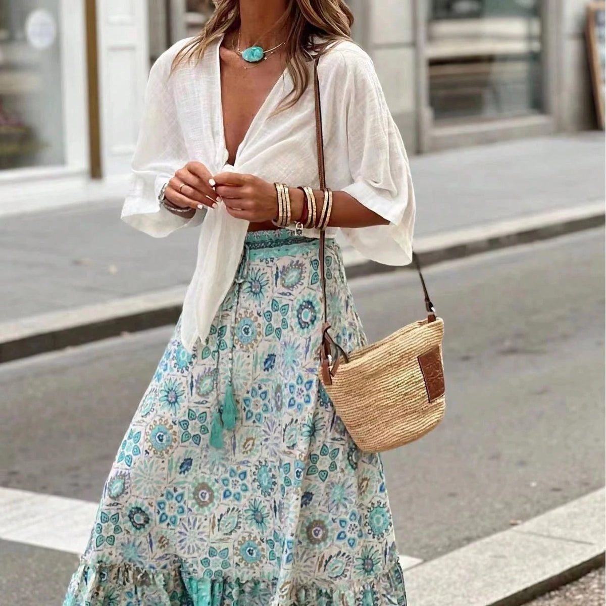 KZKZWK Bohemian Floral Print Tiered Maxi Skirt, Elastic Waist Ruffle Hem, Casual Vacation Skirt