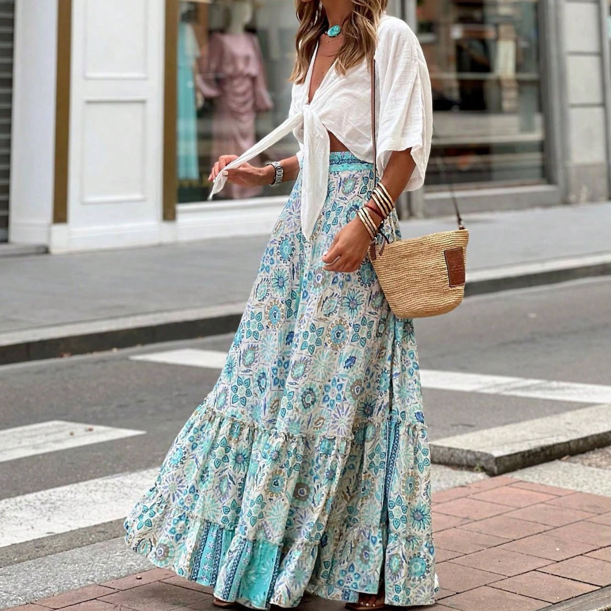KZKZWK Bohemian Floral Print Tiered Maxi Skirt, Elastic Waist Ruffle Hem, Casual Vacation Skirt