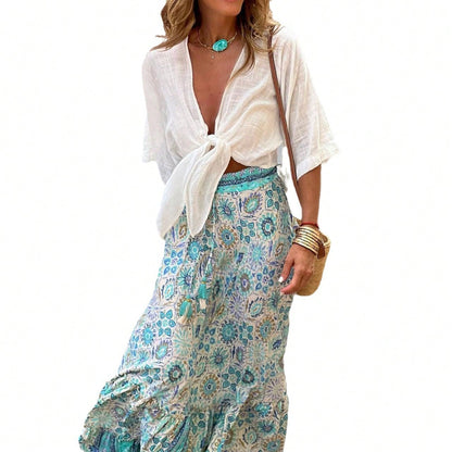KZKZWK Bohemian Floral Print Tiered Maxi Skirt, Elastic Waist Ruffle Hem, Casual Vacation Skirt