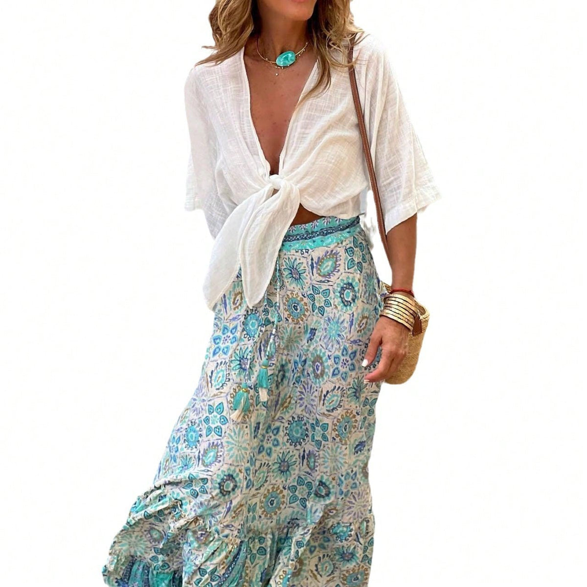 KZKZWK Bohemian Floral Print Tiered Maxi Skirt, Elastic Waist Ruffle Hem, Casual Vacation Skirt