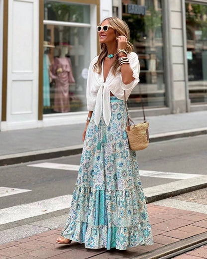 KZKZWK Bohemian Floral Print Tiered Maxi Skirt, Elastic Waist Ruffle Hem, Casual Vacation Skirt