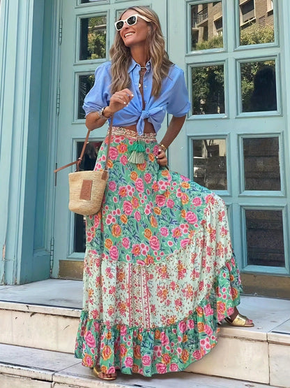 KZKZWK Bohemian Floral Print Tiered Maxi Skirt, Elastic Waist Ruffle Hem, Casual Vacation Skirt