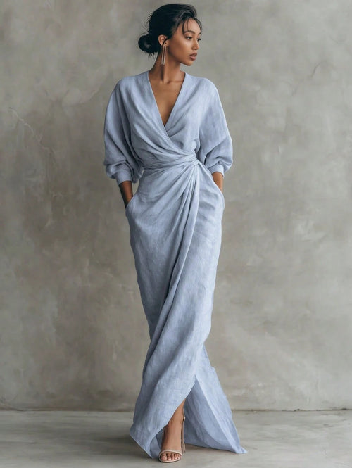 KZKZWK Linen-Blend Wrap Maxi Dress, V-Neck Batwing Sleeve Waist Tie With Slit, Elegant Formal Evening Gown