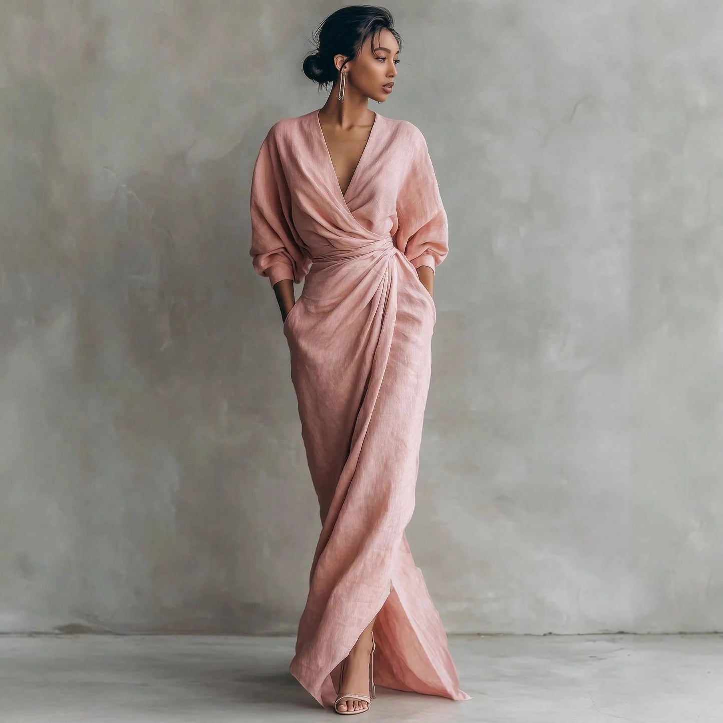 KZKZWK Linen-Blend Wrap Maxi Dress, V-Neck Batwing Sleeve Waist Tie With Slit, Elegant Formal Evening Gown