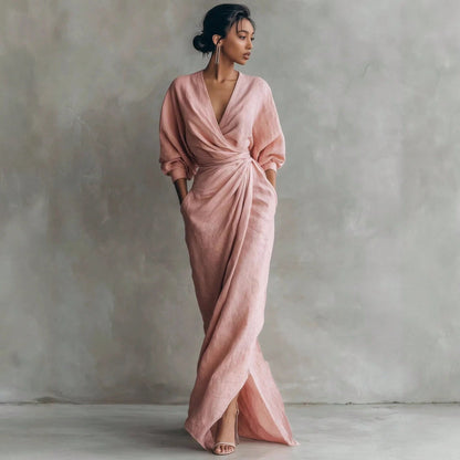 KZKZWK Linen-Blend Wrap Maxi Dress, V-Neck Batwing Sleeve Waist Tie With Slit, Elegant Formal Evening Gown