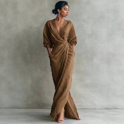 KZKZWK Linen-Blend Wrap Maxi Dress, V-Neck Batwing Sleeve Waist Tie With Slit, Elegant Formal Evening Gown