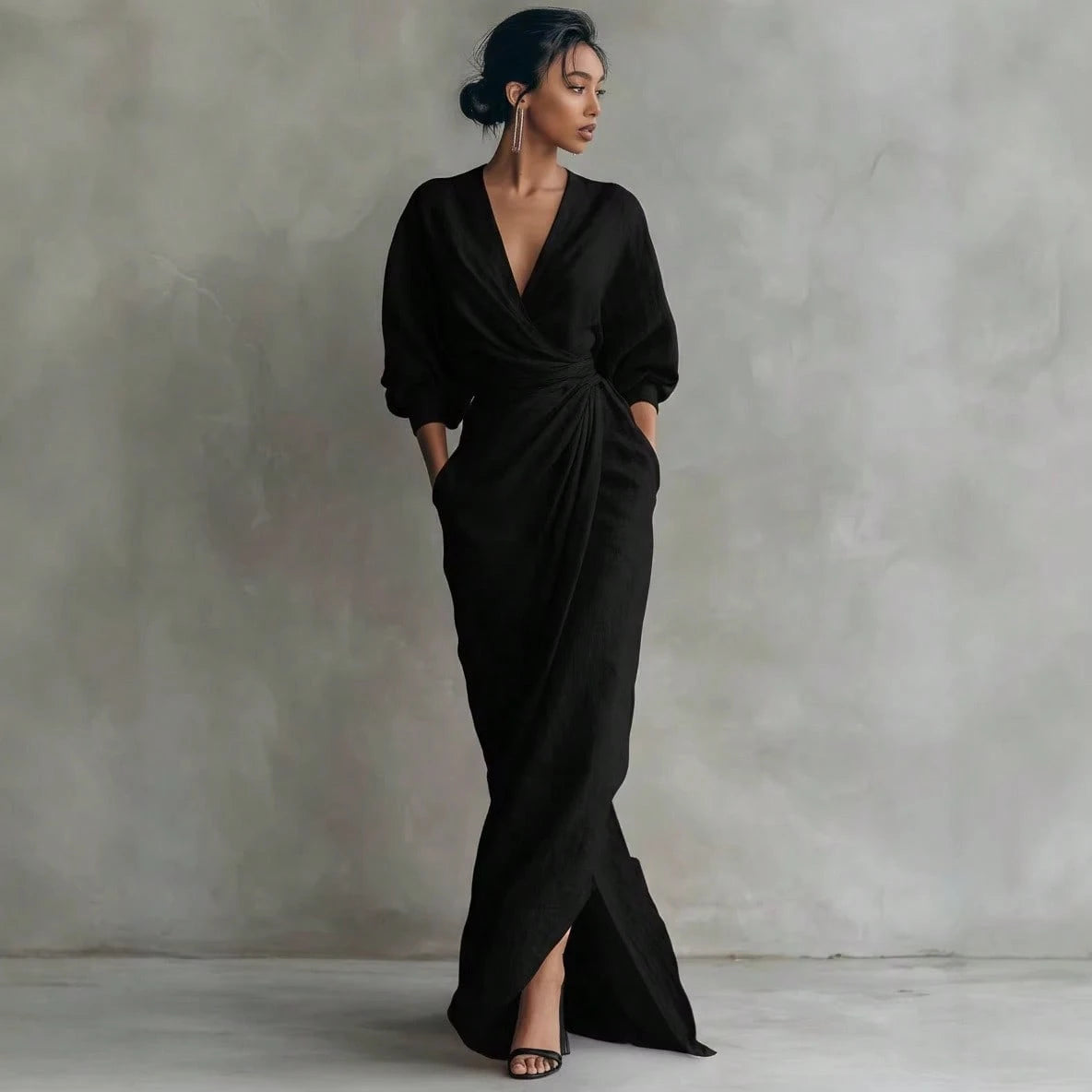 KZKZWK Linen-Blend Wrap Maxi Dress, V-Neck Batwing Sleeve Waist Tie With Slit, Elegant Formal Evening Gown