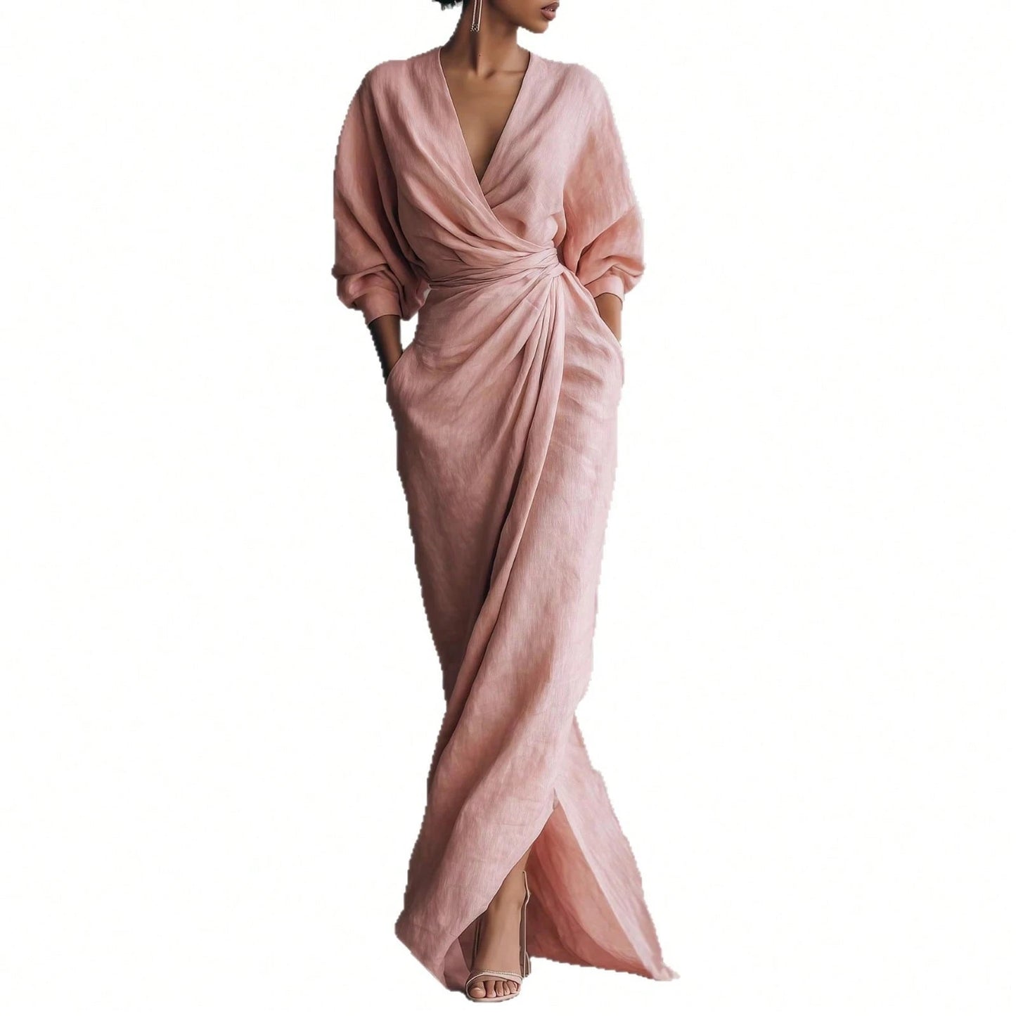 KZKZWK Linen-Blend Wrap Maxi Dress, V-Neck Batwing Sleeve Waist Tie With Slit, Elegant Formal Evening Gown