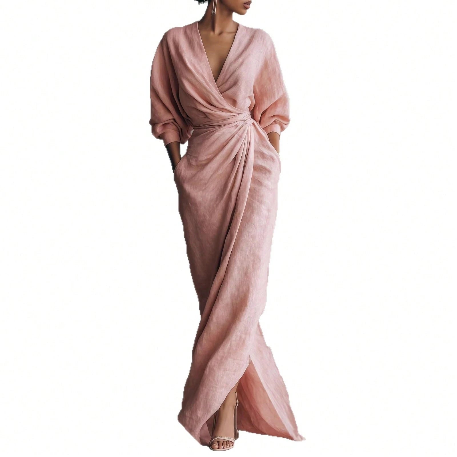 KZKZWK Linen-Blend Wrap Maxi Dress, V-Neck Batwing Sleeve Waist Tie With Slit, Elegant Formal Evening Gown