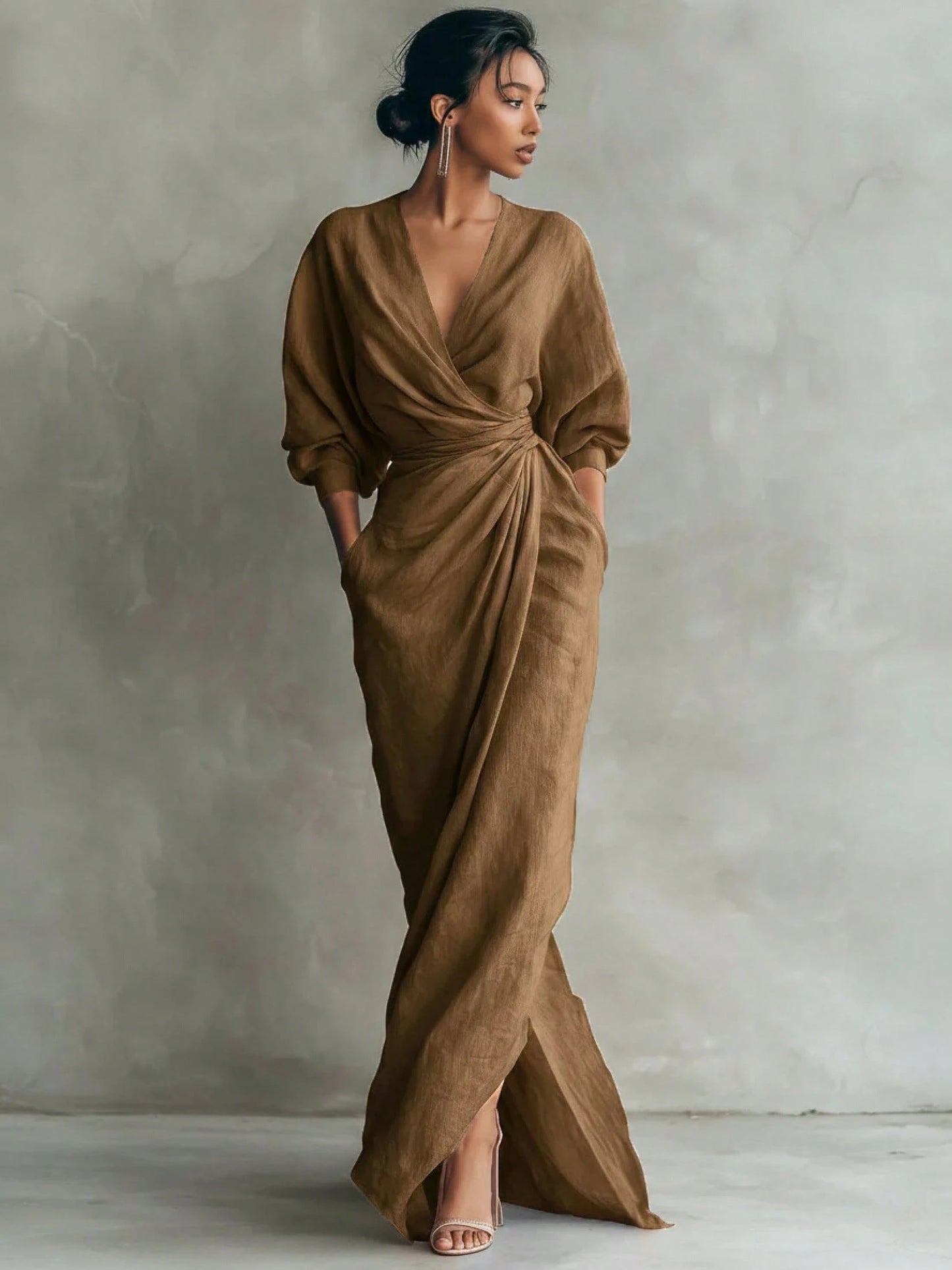 KZKZWK Linen-Blend Wrap Maxi Dress, V-Neck Batwing Sleeve Waist Tie With Slit, Elegant Formal Evening Gown