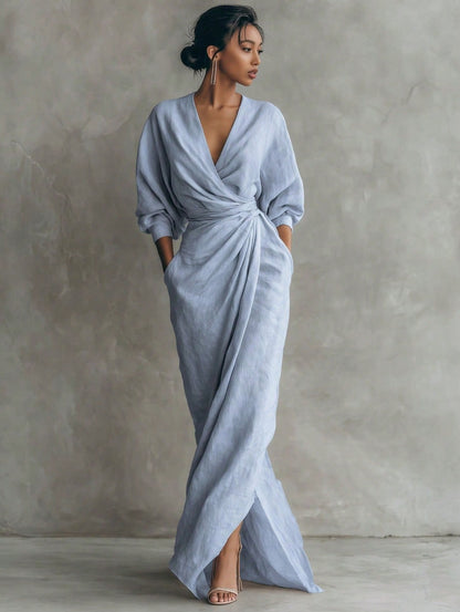 KZKZWK Linen-Blend Wrap Maxi Dress, V-Neck Batwing Sleeve Waist Tie With Slit, Elegant Formal Evening Gown