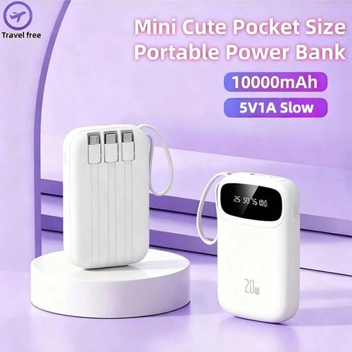 LADAPU 10000mAh Mini Cute 5V1A Slow Charging Power Bank, Small Size Large Capacity Rechargeable Portable Mobile Phone Charger, Built-In 4 Cables, Smart Digital Display, Micro Interface, USB-C Output&I