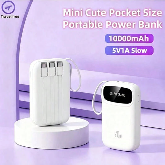LADAPU 10000mAh Mini Cute 5V1A Slow Charging Power Bank, Small Size Large Capacity Rechargeable Portable Mobile Phone Charger, Built-In 4 Cables, Smart Digital Display, Micro Interface, USB-C Output&I