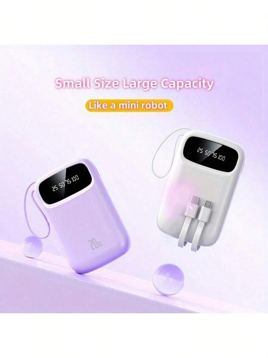LADAPU 10000mAh Mini Cute 5V1A Slow Charging Power Bank, Small Size Large Capacity Rechargeable Portable Mobile Phone Charger, Built-In 4 Cables, Smart Digital Display, Micro Interface, USB-C Output&I