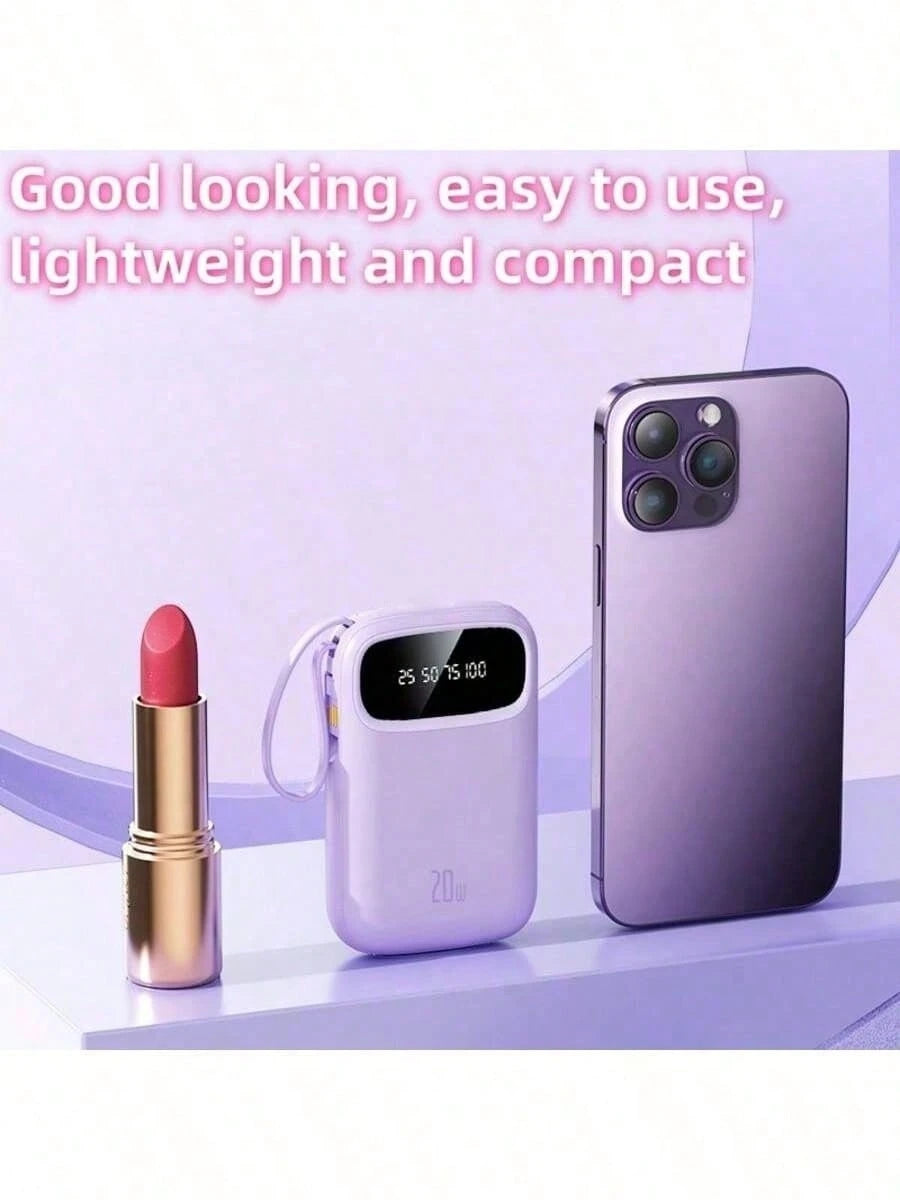 LADAPU 10000mAh Mini Cute 5V1A Slow Charging Power Bank, Small Size Large Capacity Rechargeable Portable Mobile Phone Charger, Built-In 4 Cables, Smart Digital Display, Micro Interface, USB-C Output&I