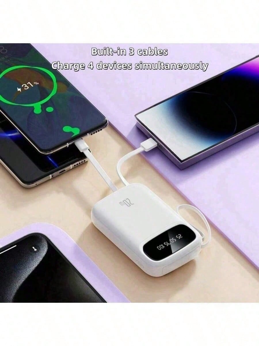 LADAPU 10000mAh Mini Cute 5V1A Slow Charging Power Bank, Small Size Large Capacity Rechargeable Portable Mobile Phone Charger, Built-In 4 Cables, Smart Digital Display, Micro Interface, USB-C Output&I