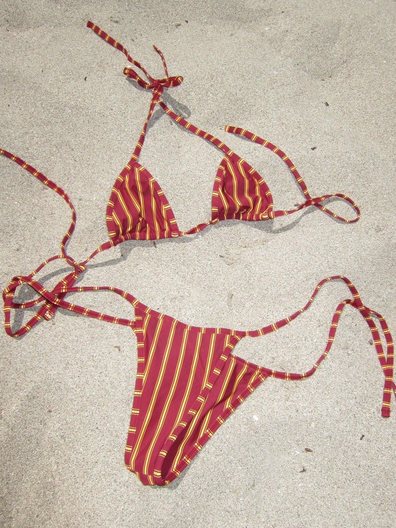 Ladies' 2026 Spring Summer Red & Beige Striped Halter Bikini Swimwear, Triangle Top & Tie Side Bottom Set For Beach & Vacation