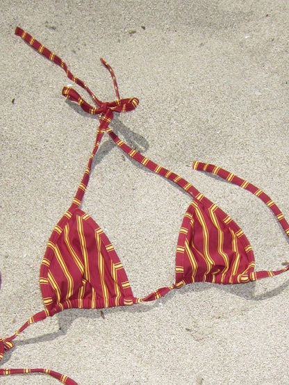 Ladies' 2026 Spring Summer Red & Beige Striped Halter Bikini Swimwear, Triangle Top & Tie Side Bottom Set For Beach & Vacation