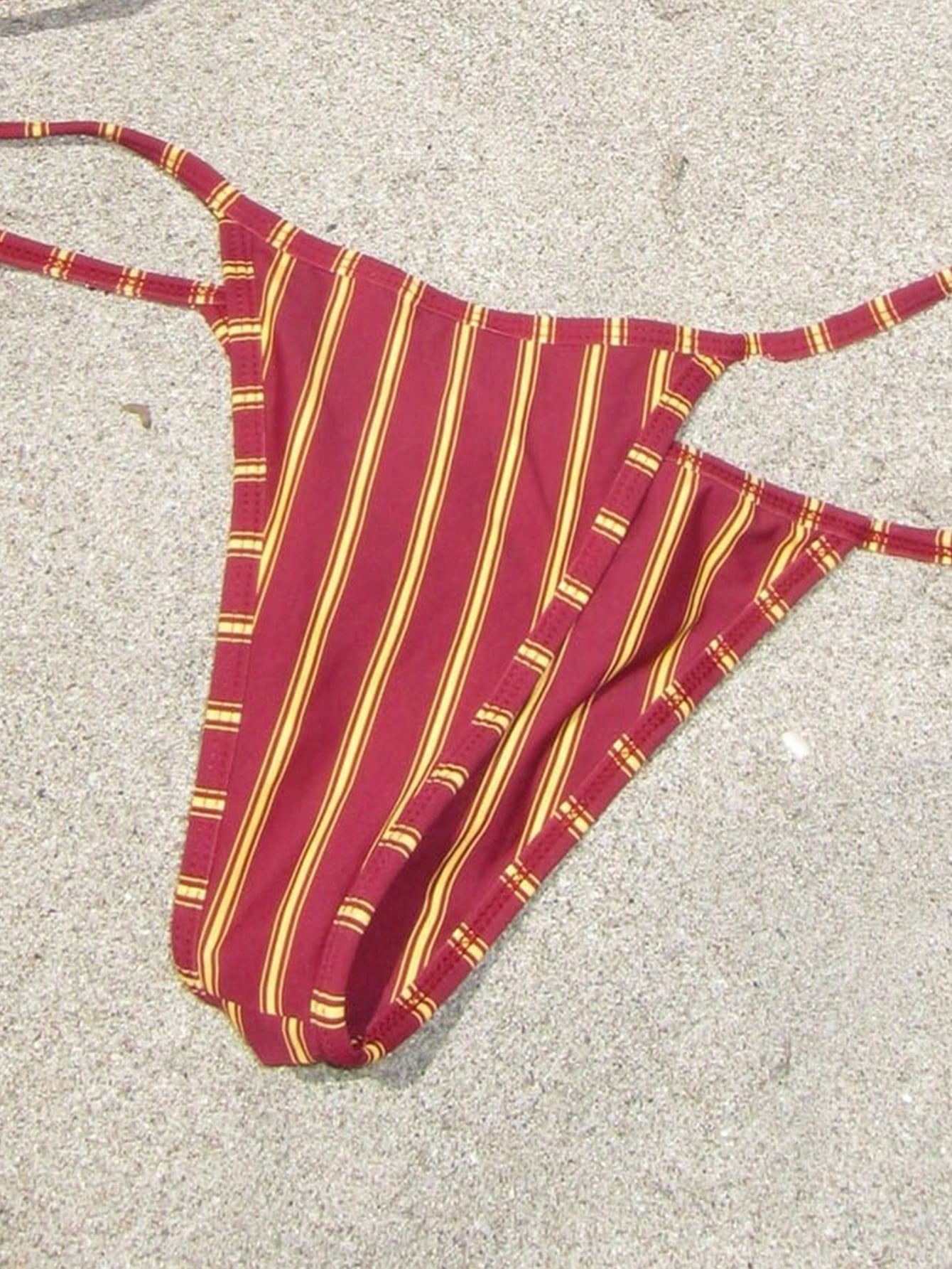 Ladies' 2026 Spring Summer Red & Beige Striped Halter Bikini Swimwear, Triangle Top & Tie Side Bottom Set For Beach & Vacation