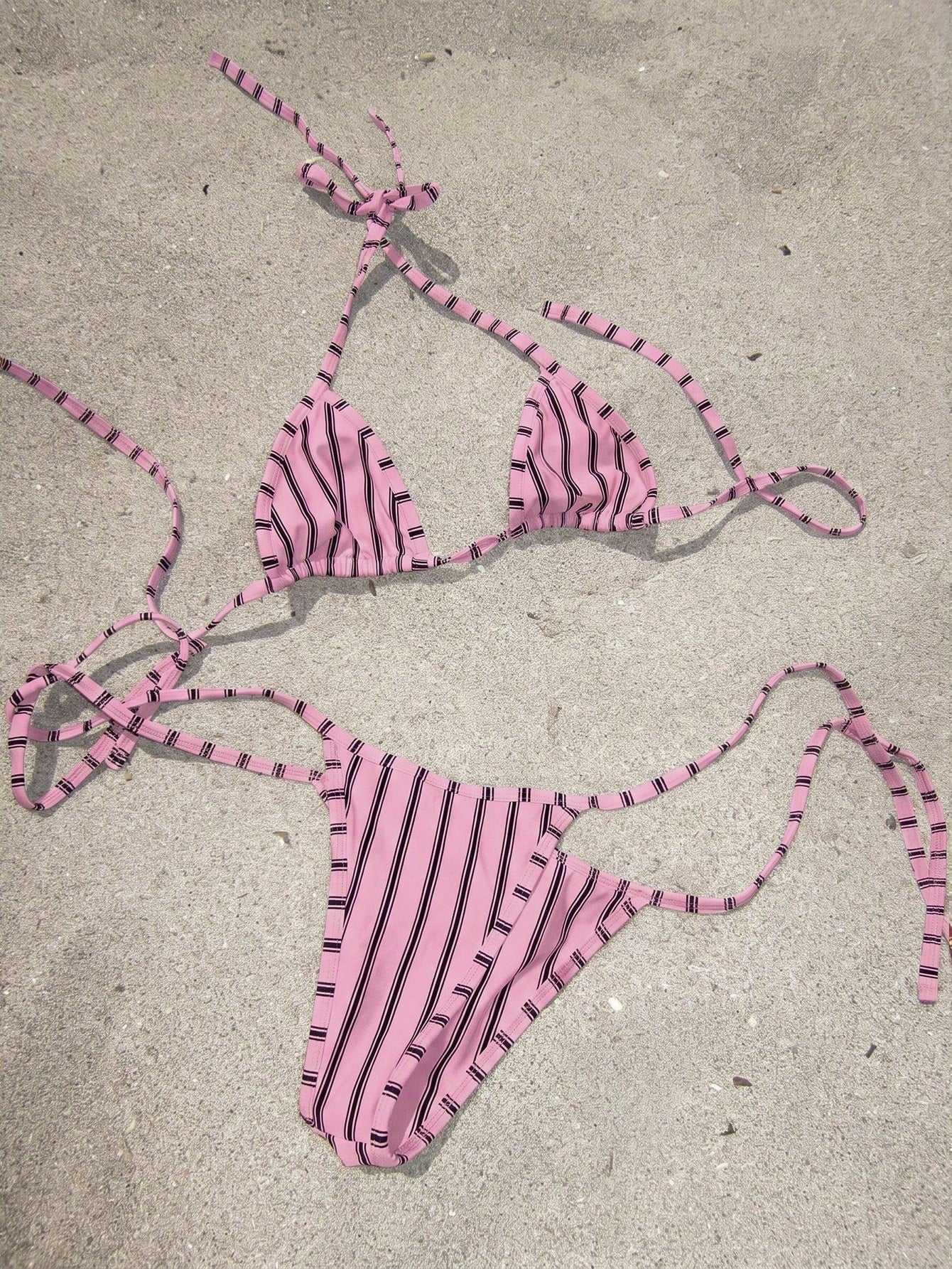 Ladies' 2026 Spring Summer Red & Beige Striped Halter Bikini Swimwear, Triangle Top & Tie Side Bottom Set For Beach & Vacation