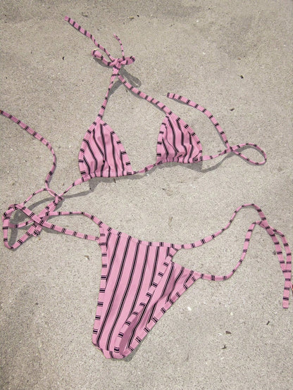 Ladies' 2026 Spring Summer Red & Beige Striped Halter Bikini Swimwear, Triangle Top & Tie Side Bottom Set For Beach & Vacation