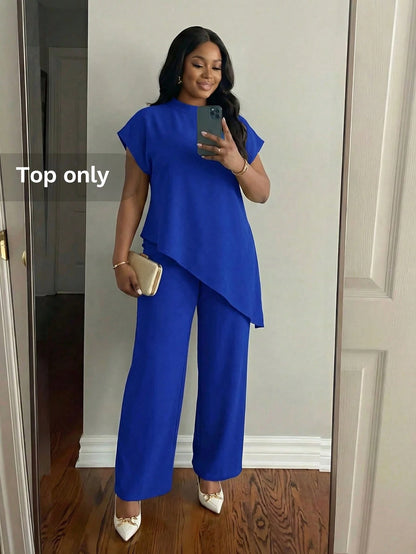 Lady 2025 New Plus Size Women Cobalt Blue Solid Color Round Neck 3 4 Sleeve Loose Asymmetric Hem Elegant Blouse Valentine's Day New Year Party