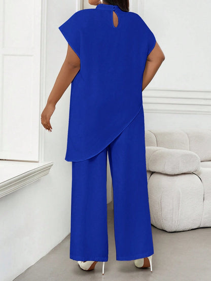 Lady 2025 New Plus Size Women Cobalt Blue Solid Color Round Neck 3 4 Sleeve Loose Asymmetric Hem Elegant Blouse Valentine's Day New Year Party