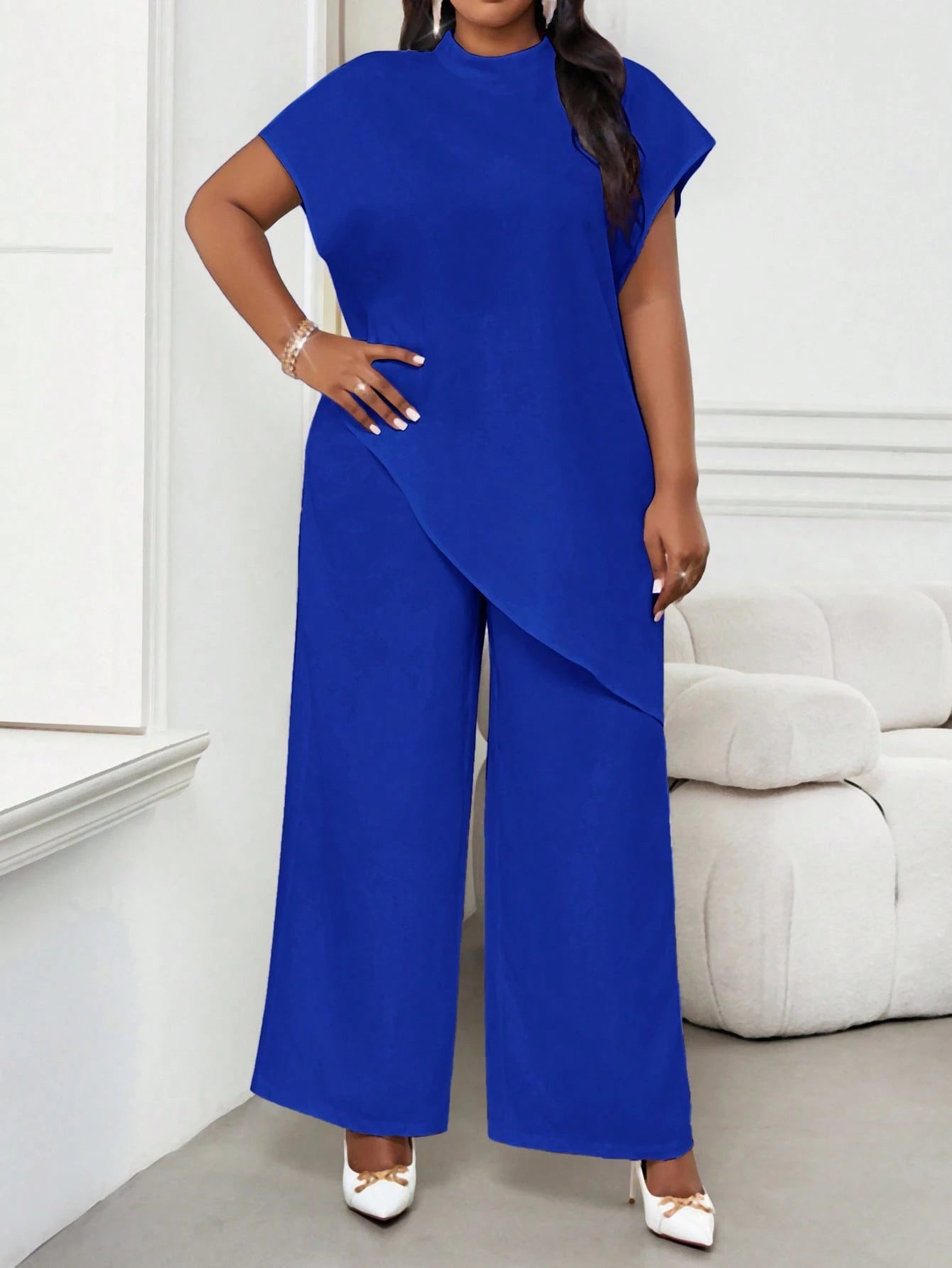 Lady 2025 New Plus Size Women Cobalt Blue Solid Color Round Neck 3 4 Sleeve Loose Asymmetric Hem Elegant Blouse Valentine's Day New Year Party