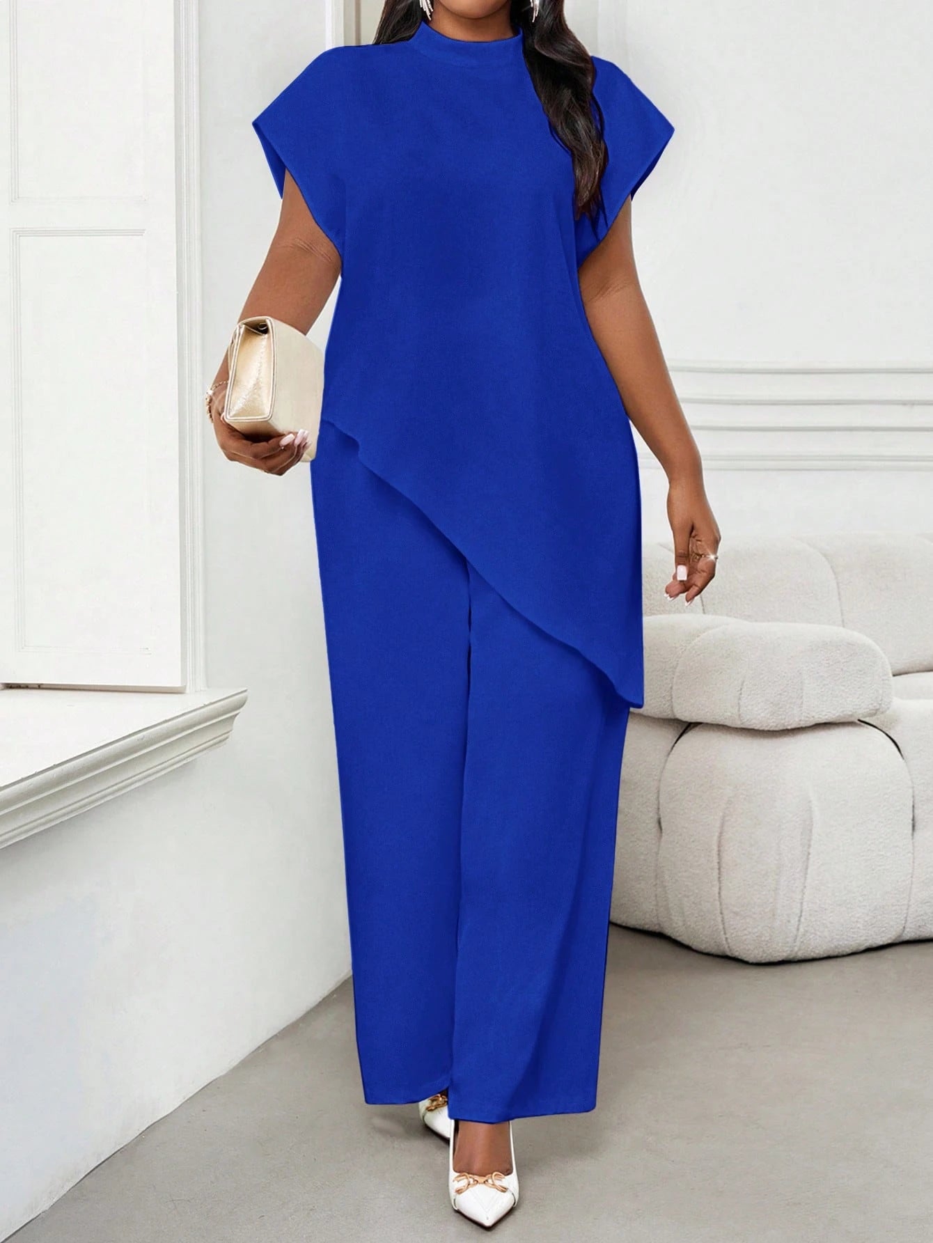 Lady 2025 New Plus Size Women Cobalt Blue Solid Color Round Neck 3 4 Sleeve Loose Asymmetric Hem Elegant Blouse Valentine's Day New Year Party