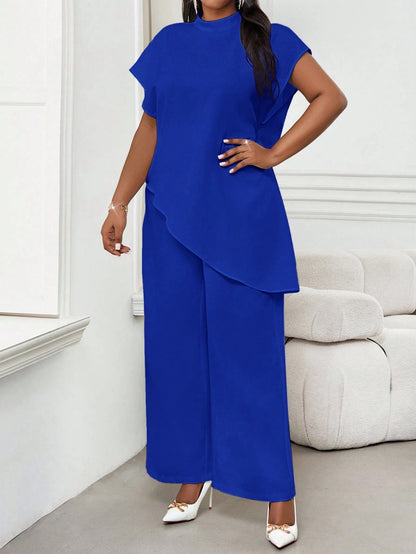 Lady 2025 New Plus Size Women Cobalt Blue Solid Color Round Neck 3 4 Sleeve Loose Asymmetric Hem Elegant Blouse Valentine's Day New Year Party