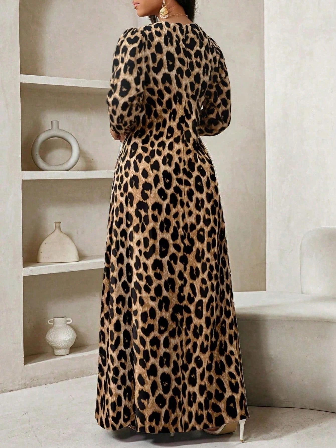 Lady Brown Print Women Maxi Dress,Elegant Sexy Autumn Everyday Boho Loose V-Neck Long Sleeve Baggy Dresses For BirthdayEvent Party Summer Holiday Vacation