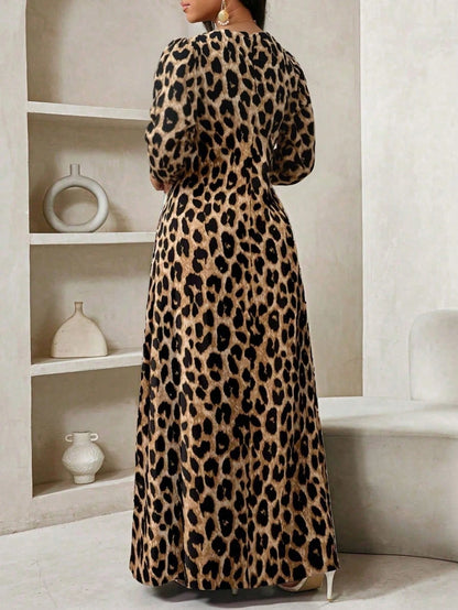 Lady Brown Print Women Maxi Dress,Elegant Sexy Autumn Everyday Boho Loose V-Neck Long Sleeve Baggy Dresses For BirthdayEvent Party Summer Holiday Vacation