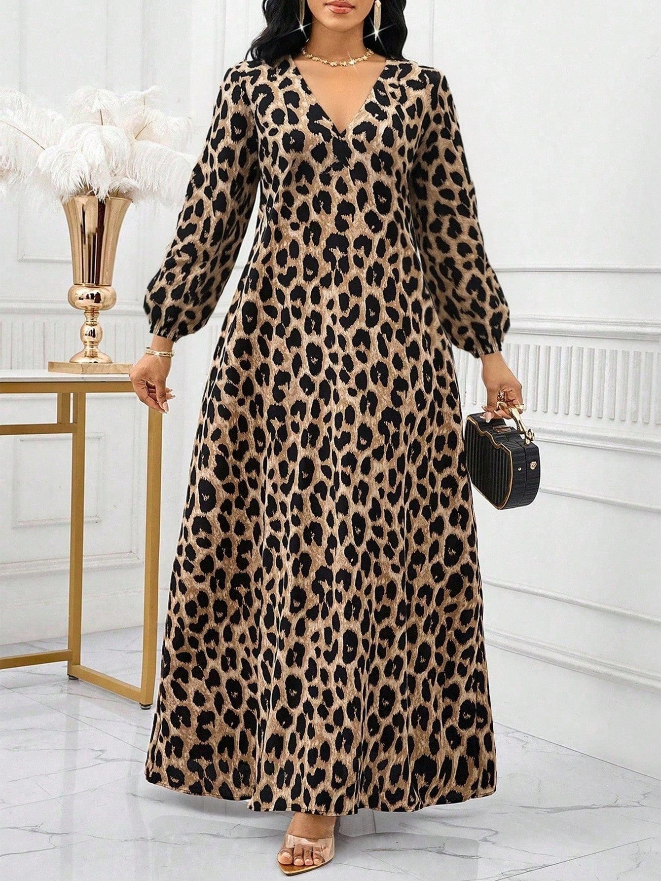 Lady Brown Print Women Maxi Dress,Elegant Sexy Autumn Everyday Boho Loose V-Neck Long Sleeve Baggy Dresses For BirthdayEvent Party Summer Holiday Vacation