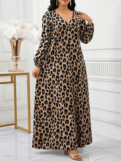 Lady Brown Print Women Maxi Dress,Elegant Sexy Autumn Everyday Boho Loose V-Neck Long Sleeve Baggy Dresses For BirthdayEvent Party Summer Holiday Vacation