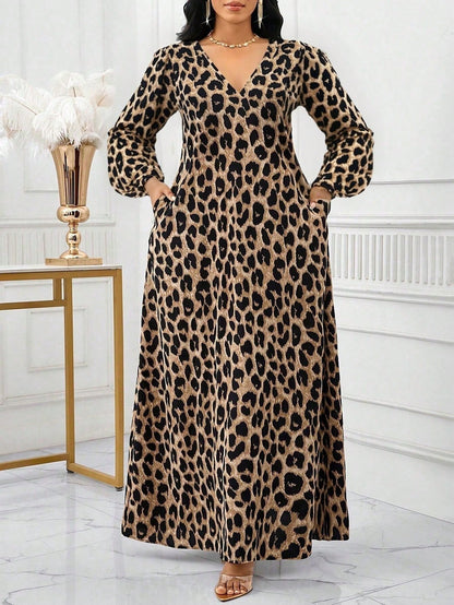 Lady Brown Print Women Maxi Dress,Elegant Sexy Autumn Everyday Boho Loose V-Neck Long Sleeve Baggy Dresses For BirthdayEvent Party Summer Holiday Vacation
