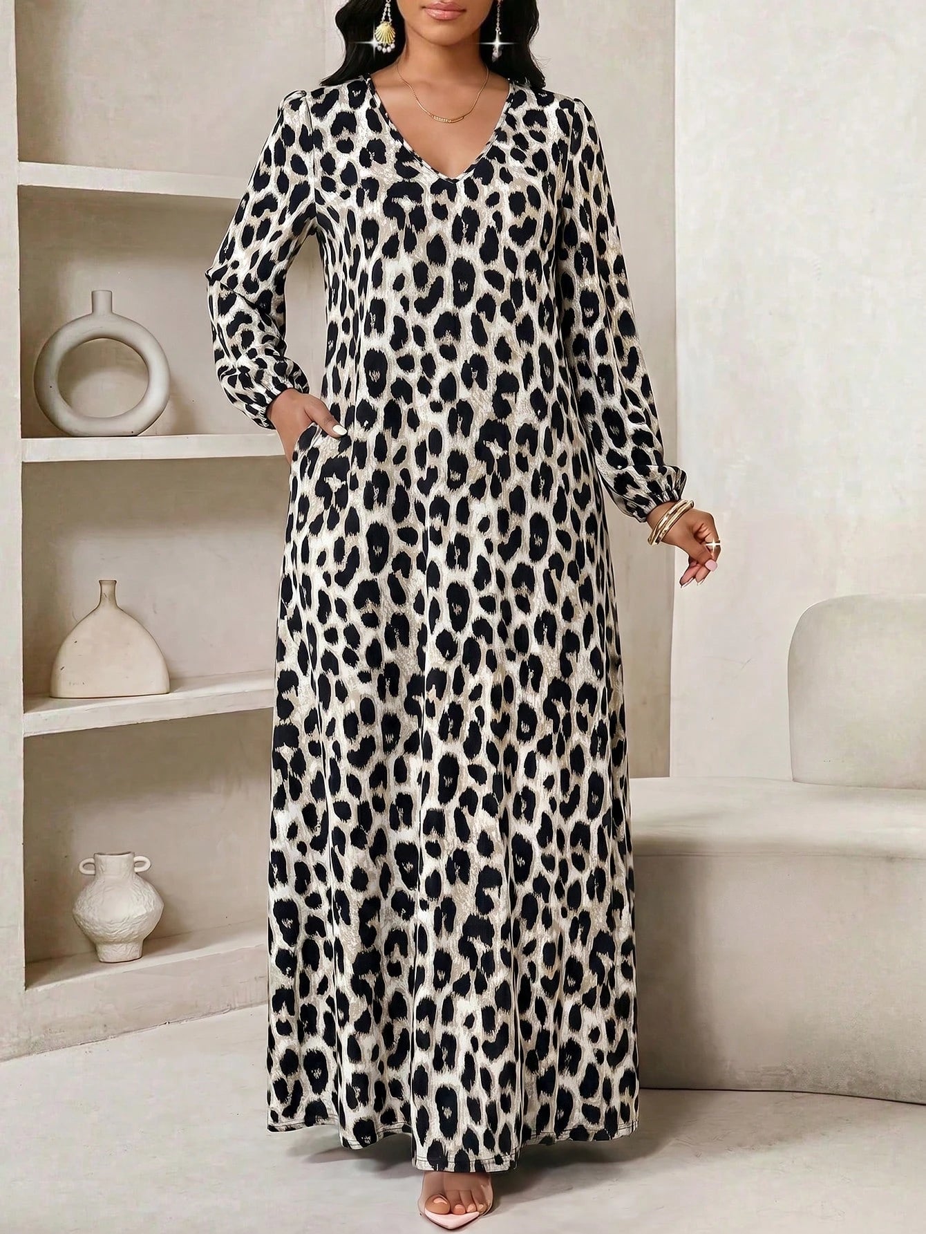 Lady Brown Print Women Maxi Dress,Elegant Sexy Autumn Everyday Boho Loose V-Neck Long Sleeve Baggy Dresses For BirthdayEvent Party Summer Holiday Vacation