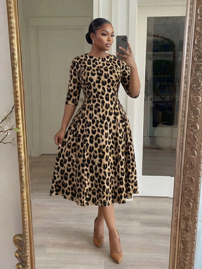 Lady CURVE Women's Leopard Print Waist Cinched Mid-Length Dress Country Casual Elegant Summer Office Beige