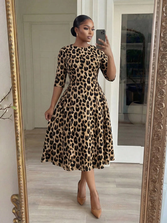 Lady CURVE Women's Leopard Print Waist Cinched Mid-Length Dress Country Casual Elegant Summer Office Beige