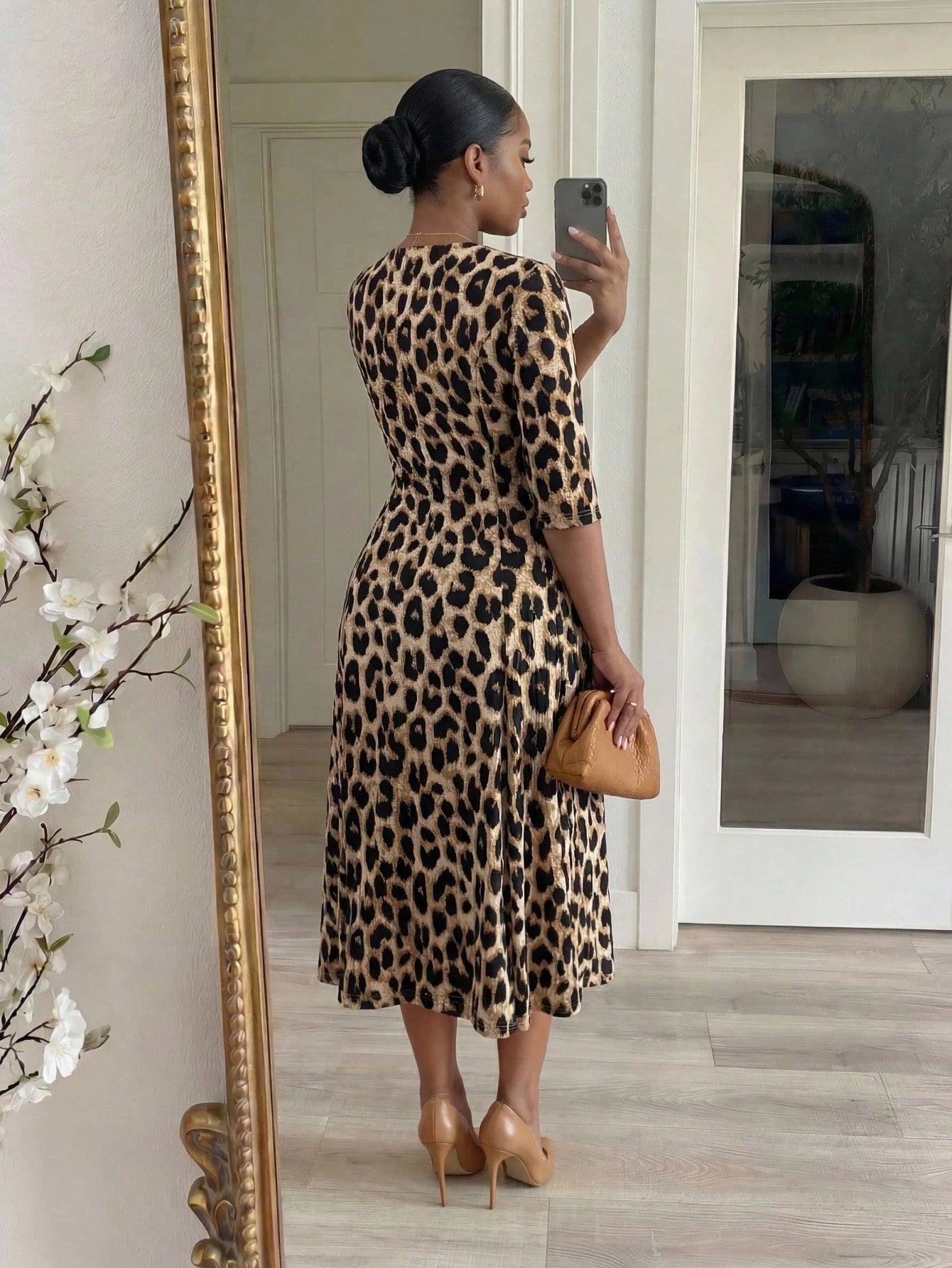 Lady CURVE Women's Leopard Print Waist Cinched Mid-Length Dress Country Casual Elegant Summer Office Beige