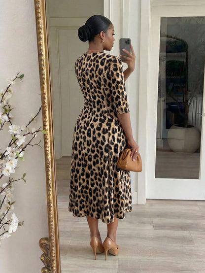 Lady CURVE Women's Leopard Print Waist Cinched Mid-Length Dress Country Casual Elegant Summer Office Beige