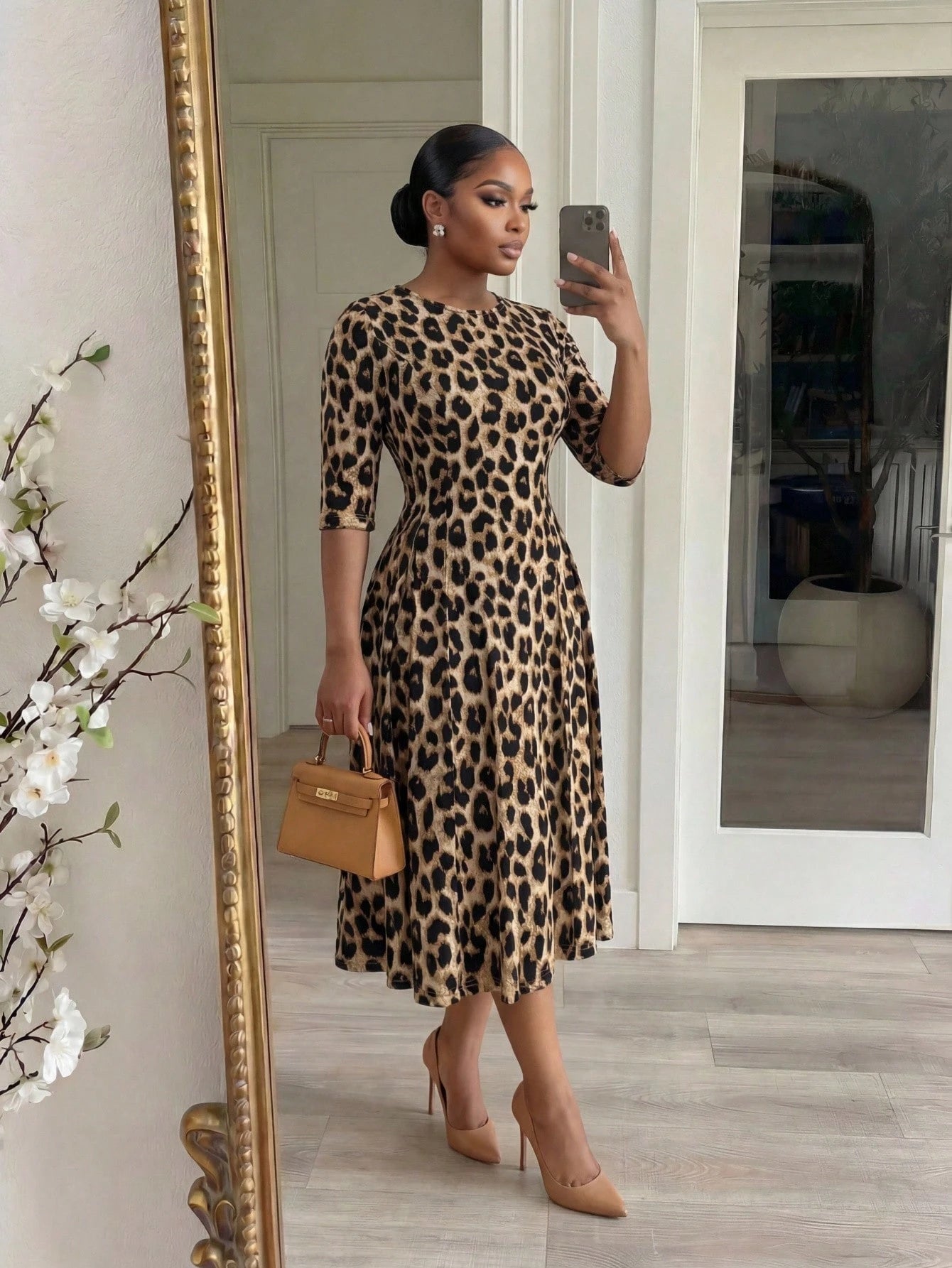 Lady CURVE Women's Leopard Print Waist Cinched Mid-Length Dress Country Casual Elegant Summer Office Beige