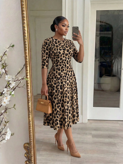 Lady CURVE Women's Leopard Print Waist Cinched Mid-Length Dress Country Casual Elegant Summer Office Beige