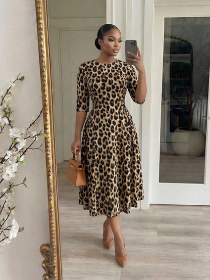 Lady CURVE Women's Leopard Print Waist Cinched Mid-Length Dress Country Casual Elegant Summer Office Beige