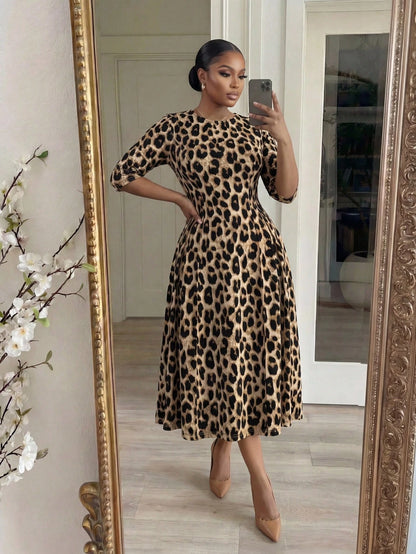 Lady CURVE Women's Leopard Print Waist Cinched Mid-Length Dress Country Casual Elegant Summer Office Beige