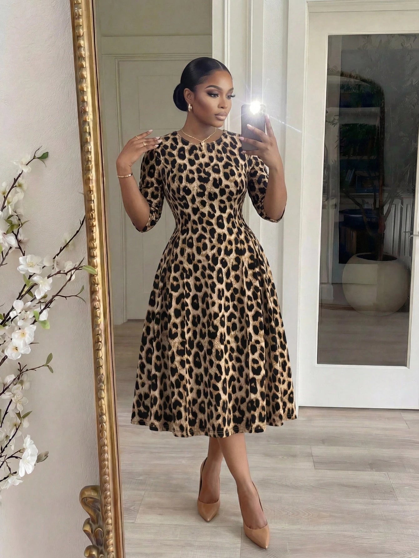 Lady CURVE Women's Leopard Print Waist Cinched Mid-Length Dress Country Casual Elegant Summer Office Beige